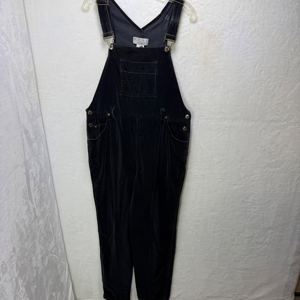 Real Comfort Vintage Black Velour Bib Overalls Womens Size 12 Bib Dungarees